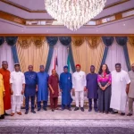 President Bola Tinubu with labour leaders after the meeting on Tuesday night 768x551