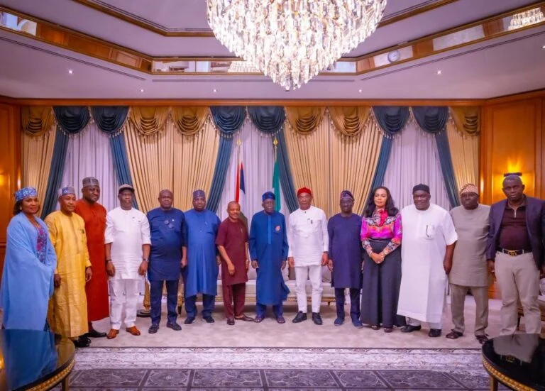 President Bola Tinubu with labour leaders after the meeting on Tuesday night 768x551